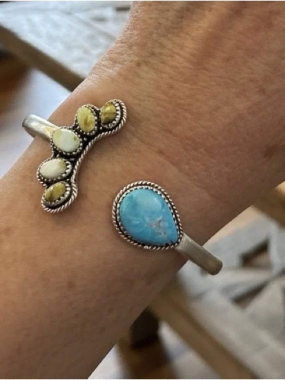 Sterling Silver Cuff Bracelet with Turquoise Teardrop and Paloma turquoise Stone